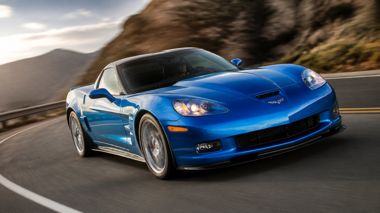 Carro esportivo azul em curva de estrada montanhosa ao entardecer.