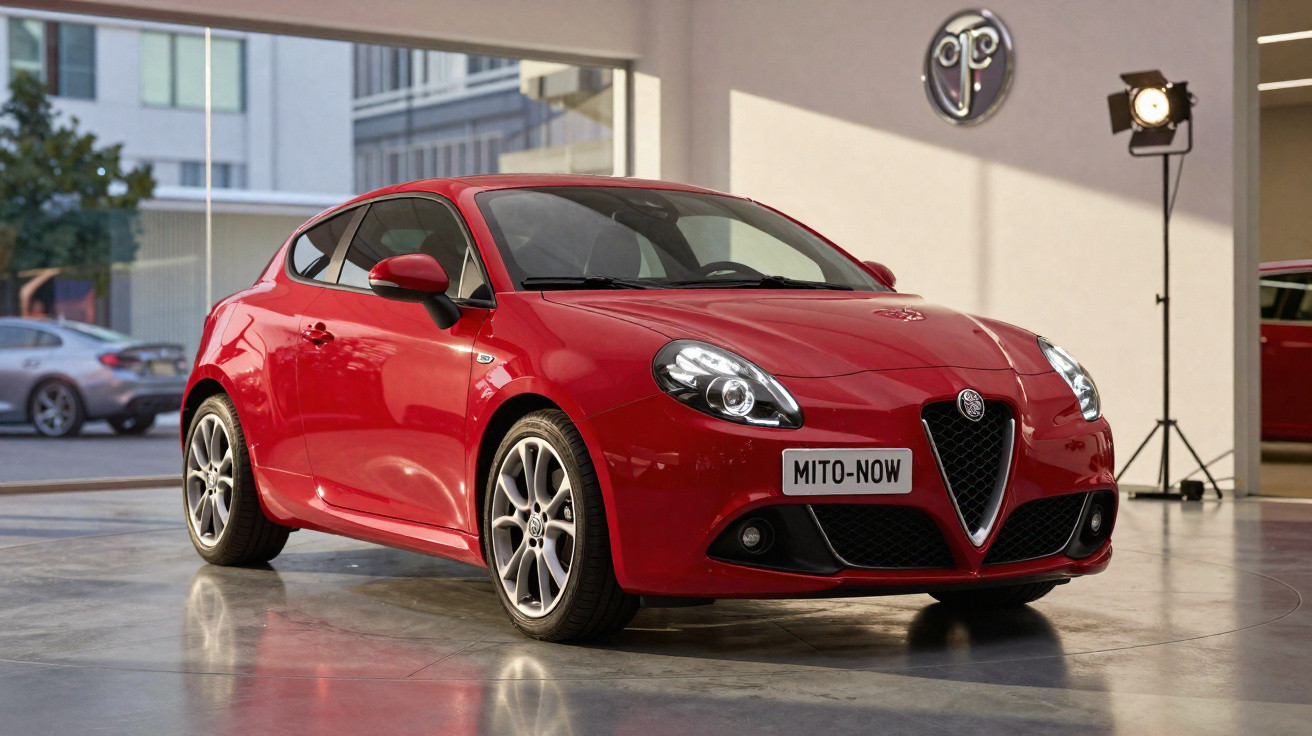 Carro Alfa Romeo Mito vermelho em exposição interna com iluminação e reflexo no chão.