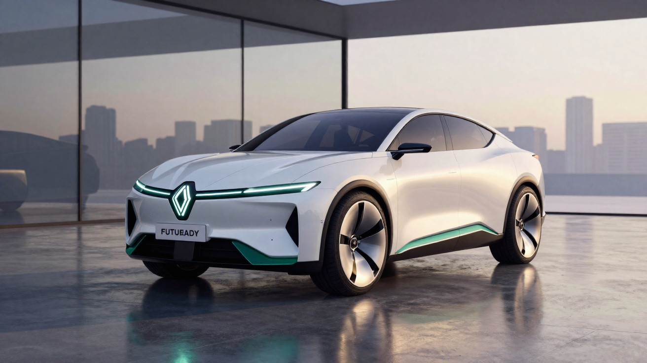 Carro elétrico conceitual futurista branco com design aerodinâmico e detalhes em verde em ambiente urbano moderno.