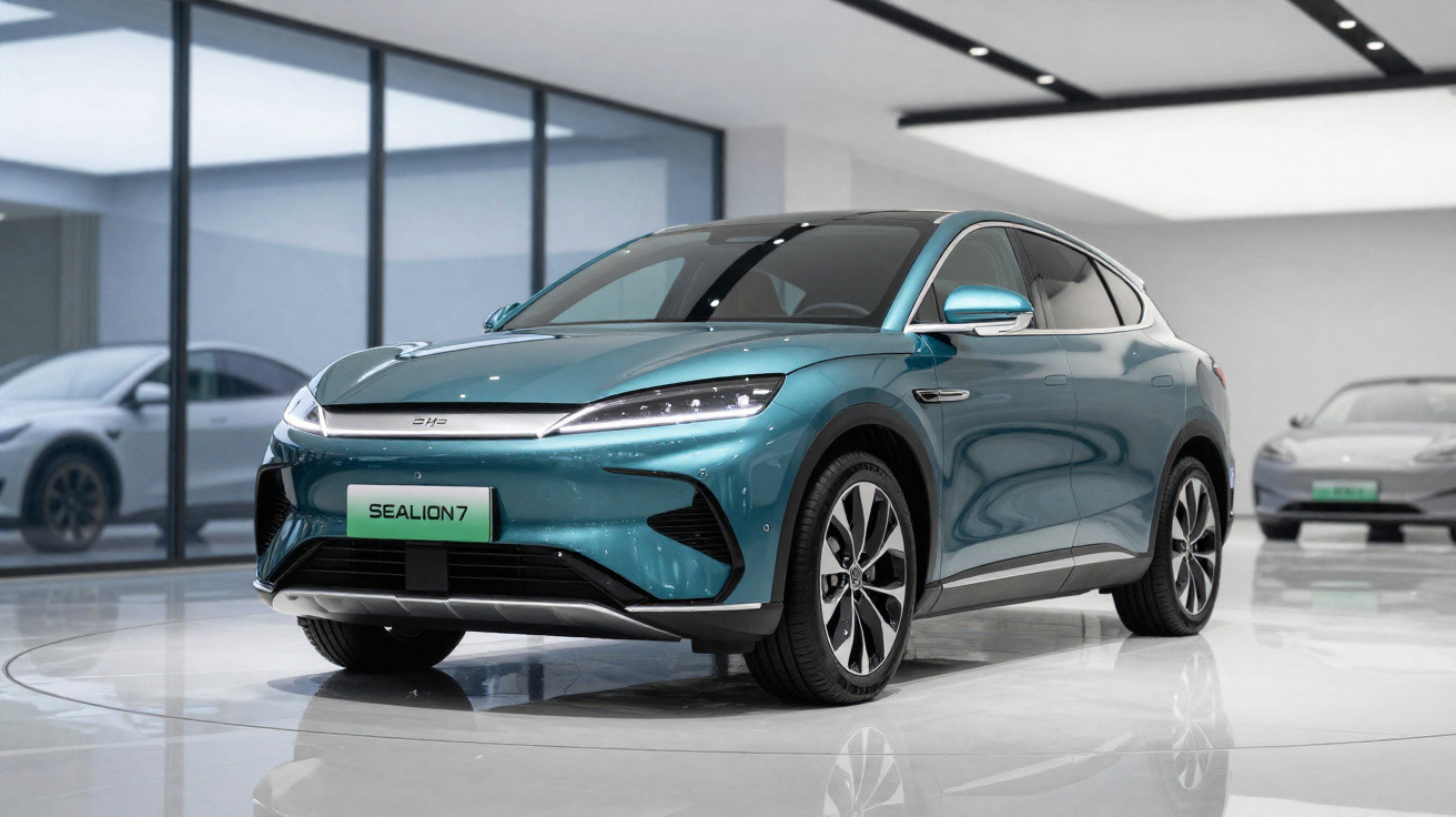 Carro elétrico azul SEALION 7 em showroom moderno com piso branco e paredes de vidro.
