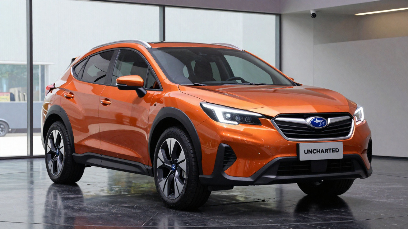 Carro SUV compacto laranja estacionado em piso refletivo dentro de showroom moderno e iluminado.