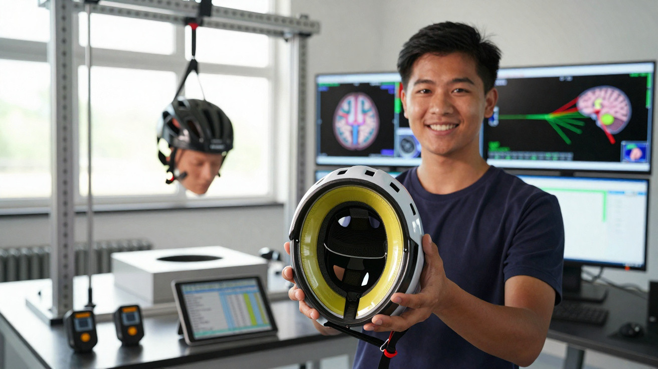 Homem sorridente segura capacete tecnológico em laboratório com telas exibindo imagens cerebrais ao fundo.