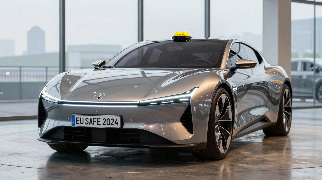 Carro elétrico cinza prateado com placa EU SAFE 2024 e placa de táxi amarela, exibido em ambiente interno moderno.