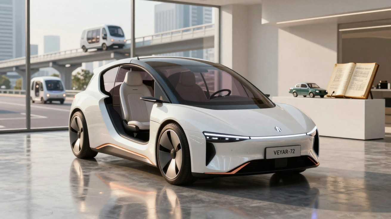 Carro elétrico branco futurista modelo VEYAR-72 em ambiente interno com portas abertas e janelas grandes ao fundo.