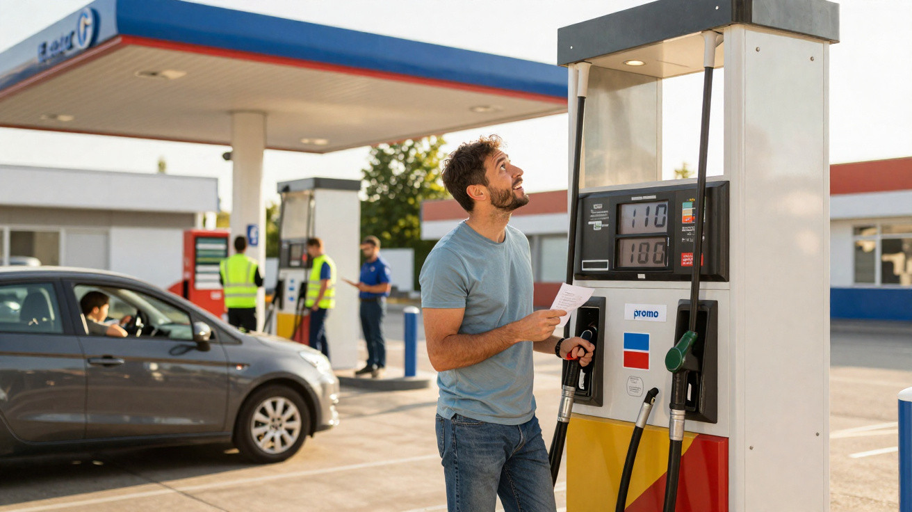 Homem segurando nota e olhando para o visor da bomba de combustível em posto de gasolina ao ar livre.