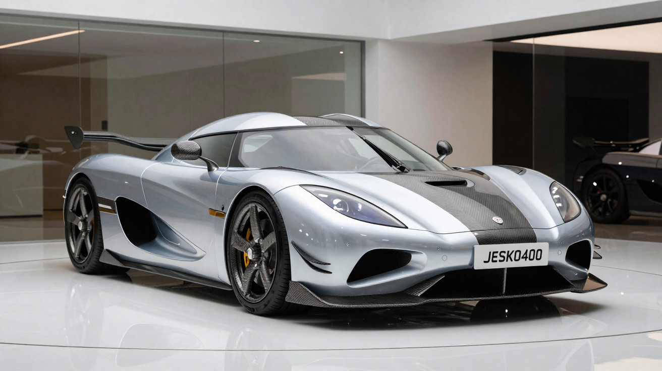 Carro esportivo prateado Koenigsegg Jesko em exposição interna com design aerodinâmico moderno.