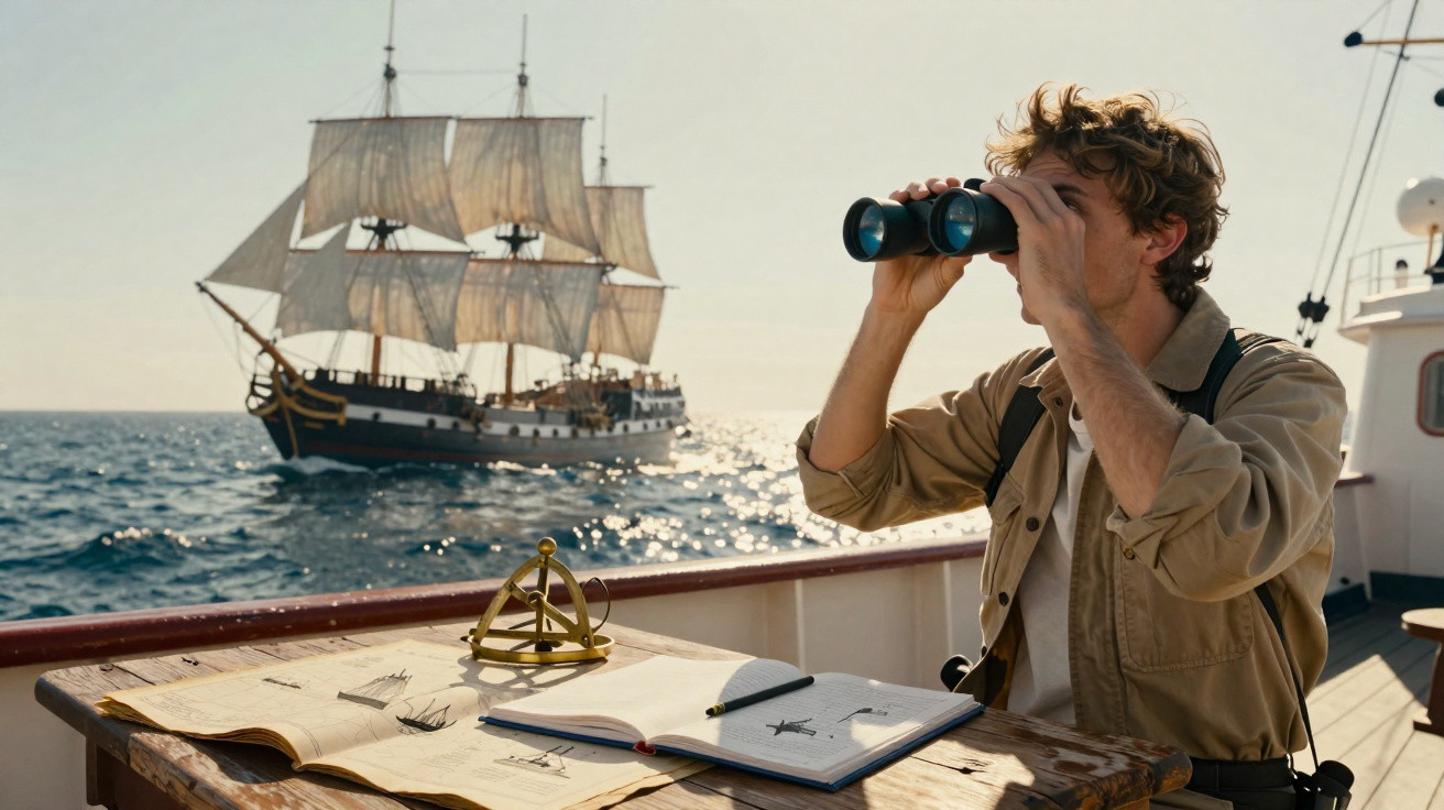Homem observa com binóculos um navio antigo ao longe, em um barco com mapas e bússola na mesa.