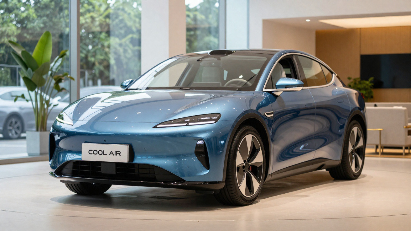 Carro elétrico azul brilhante modelo Cool Air exibido em showroom moderno com plantas ao fundo.