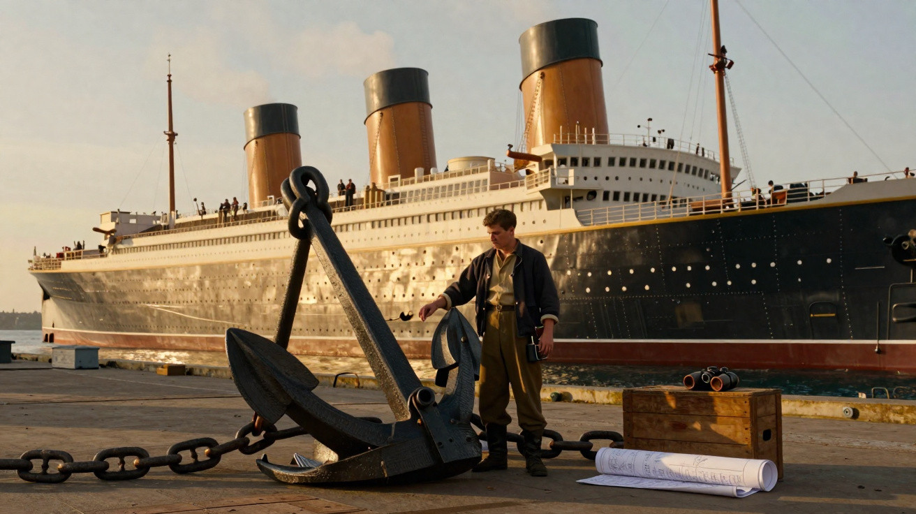 Homem observa âncora gigante no cais com navio de passageiros clássico ao fundo, sob céu claro ao entardecer.