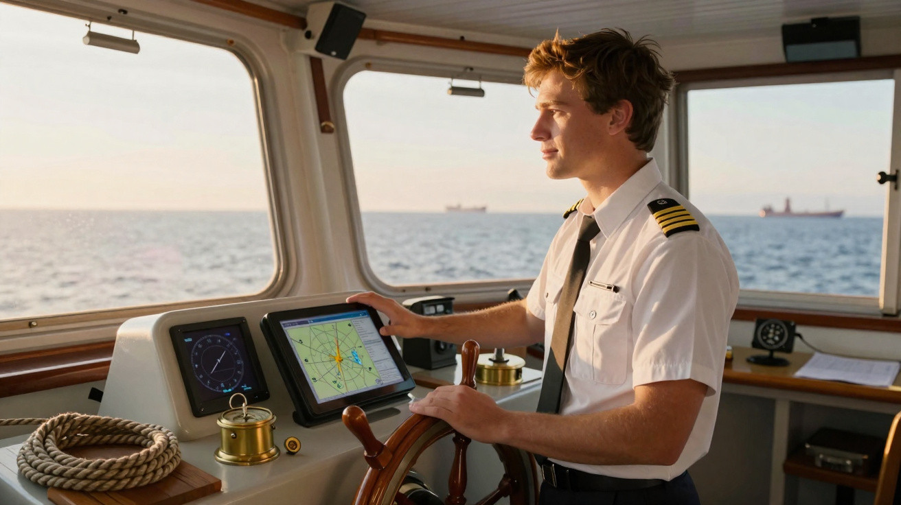 Jovem capitão navegando e monitorando rota em timão dentro da cabine de um barco no mar ao entardecer.