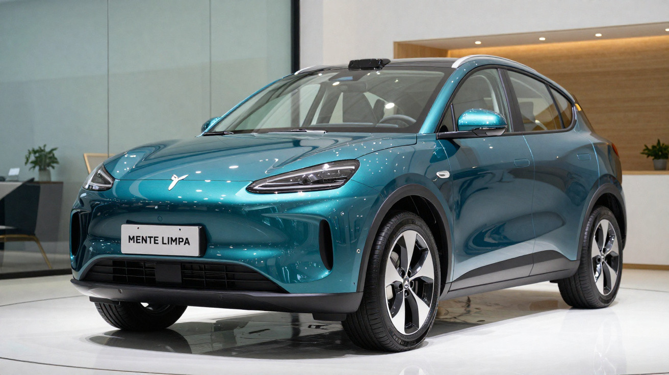 Carro elétrico azul exibido em ambiente interno com placa personalizada "MENTE LIMPA".