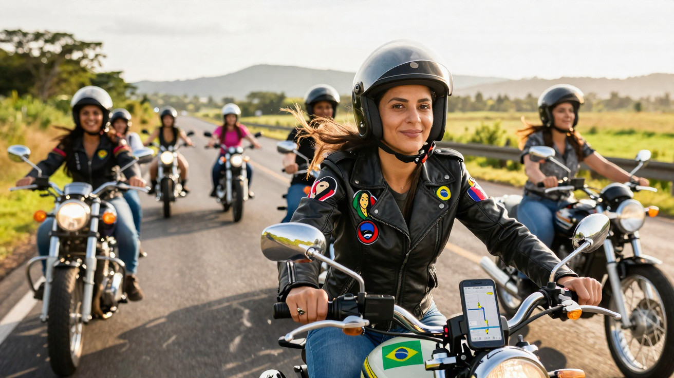 Grupo de mulheres pilotando motocicletas em estrada rural ao pôr do sol, todas usando capacetes.