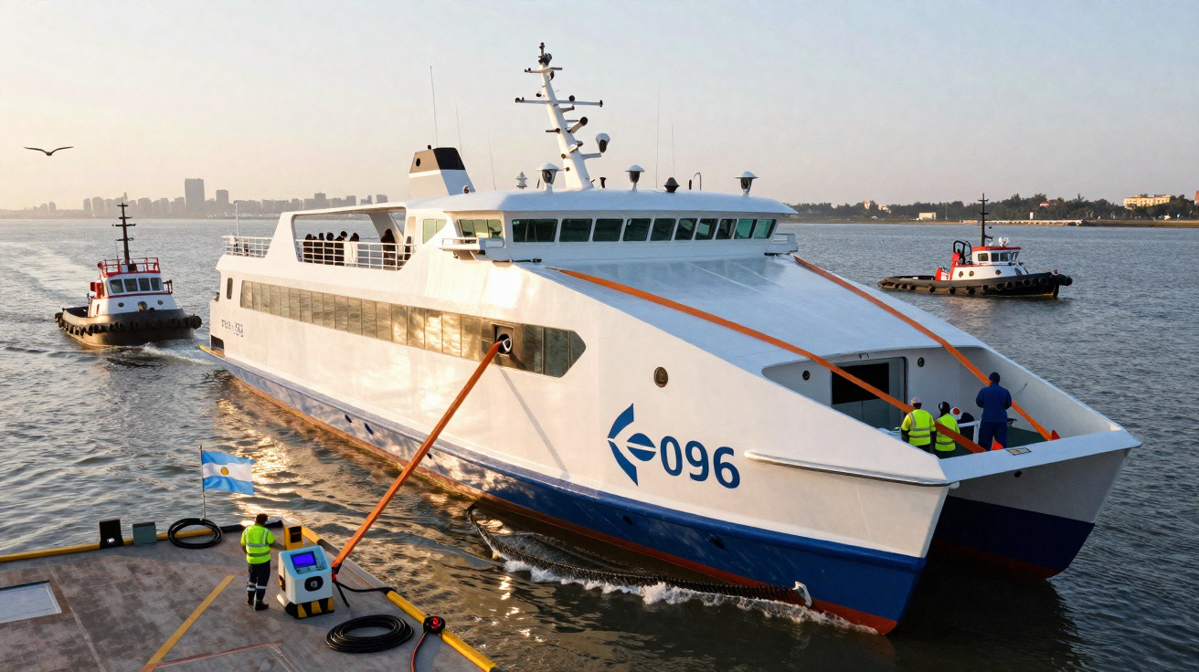 Barco ferry branco com tripulação na proa atracando em cais com duas embarcações de apoio ao fundo.