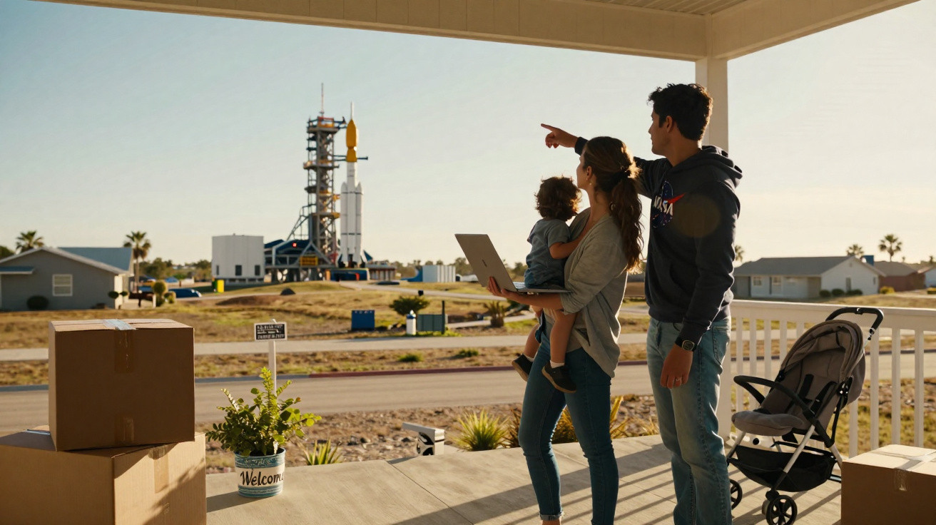 Família observando foguete em plataforma de lançamento vista a partir de varanda de casa com caixas e carrinho.