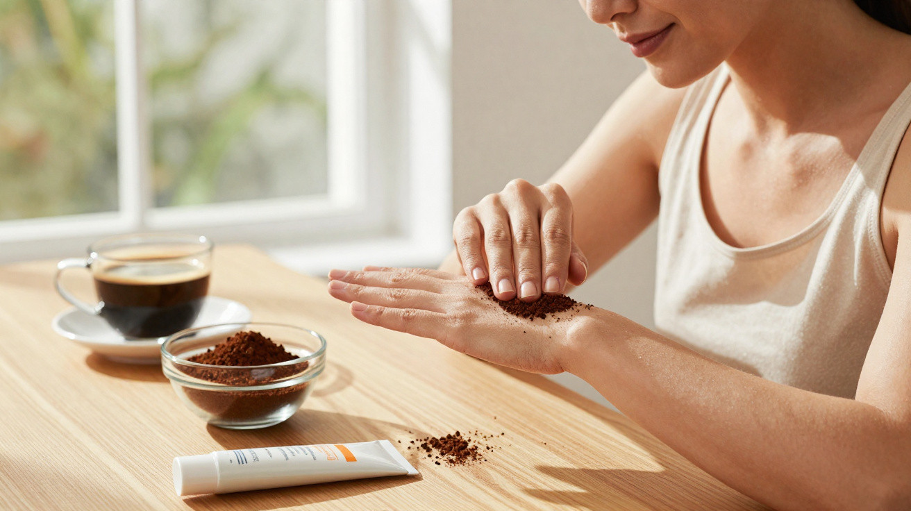 Pessoa aplicando esfoliante de café na mão, com xícara de café e pote de pó ao lado em mesa de madeira.