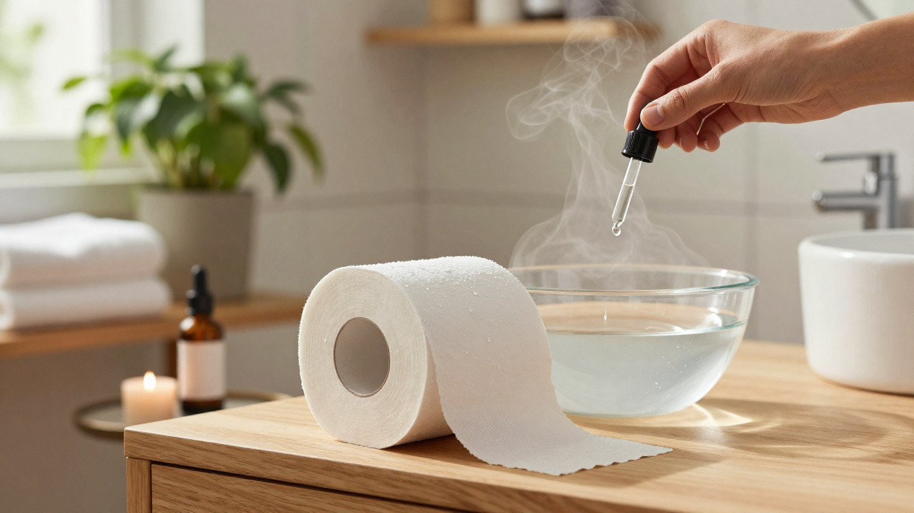 Mão segurando conta-gotas acima de tigela com água e papel higiênico na bancada de banheiro.
