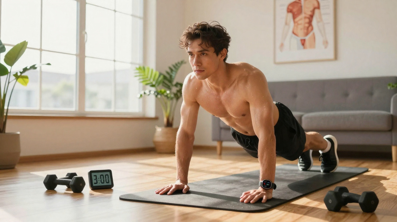 Homem jovem fazendo flexão no tapete de exercício em sala clara com halteres e cronômetro ao lado.