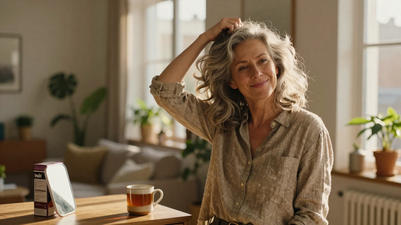 Mulher sorridente com cabelo grisalho e camisa bege, sentada perto de mesa com chá em ambiente iluminado.