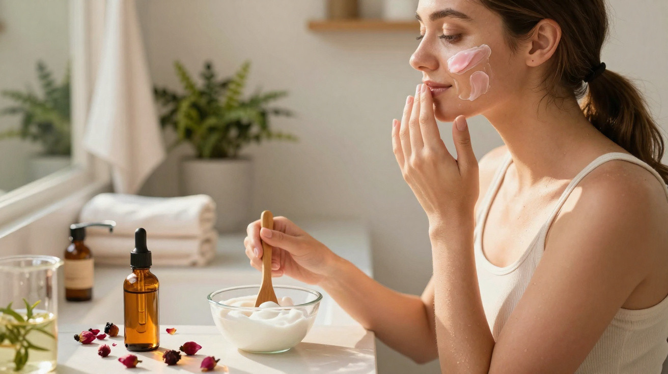 Mulher aplicando creme facial rosa com tigela de creme e frascos em bancada perto de planta.