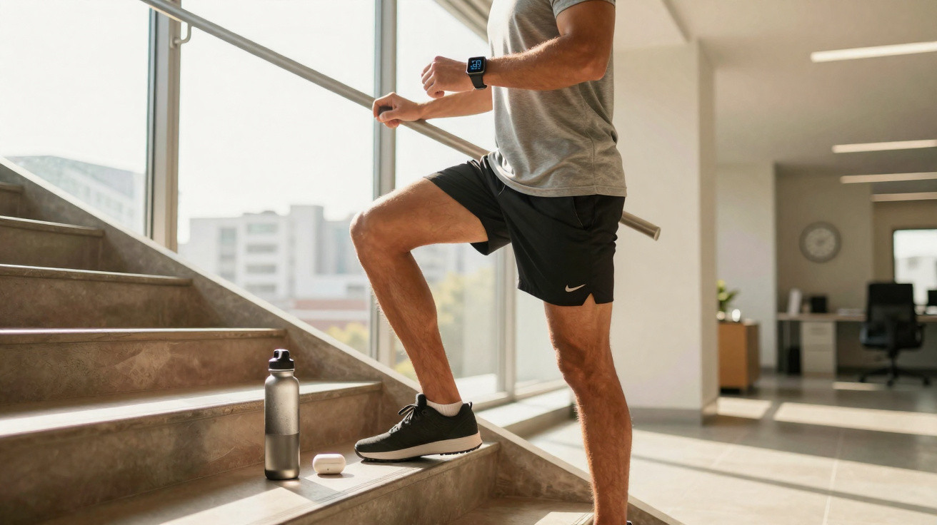 Homem fazendo exercício subindo escadas internas usando relógio esportivo e tênis preto.