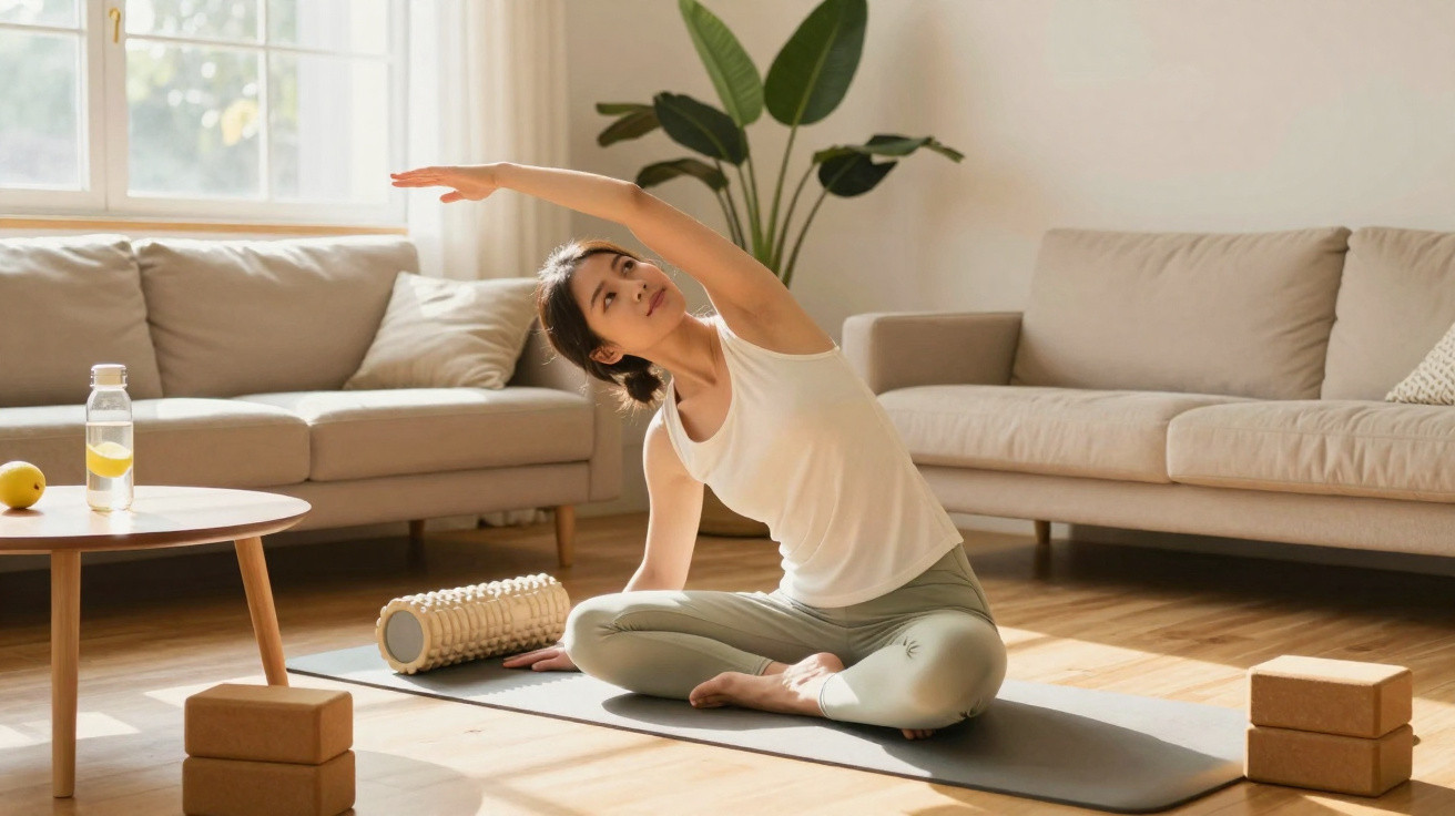 Mulher fazendo alongamento sentado no tapete de yoga em sala iluminada com sofá e plantas.