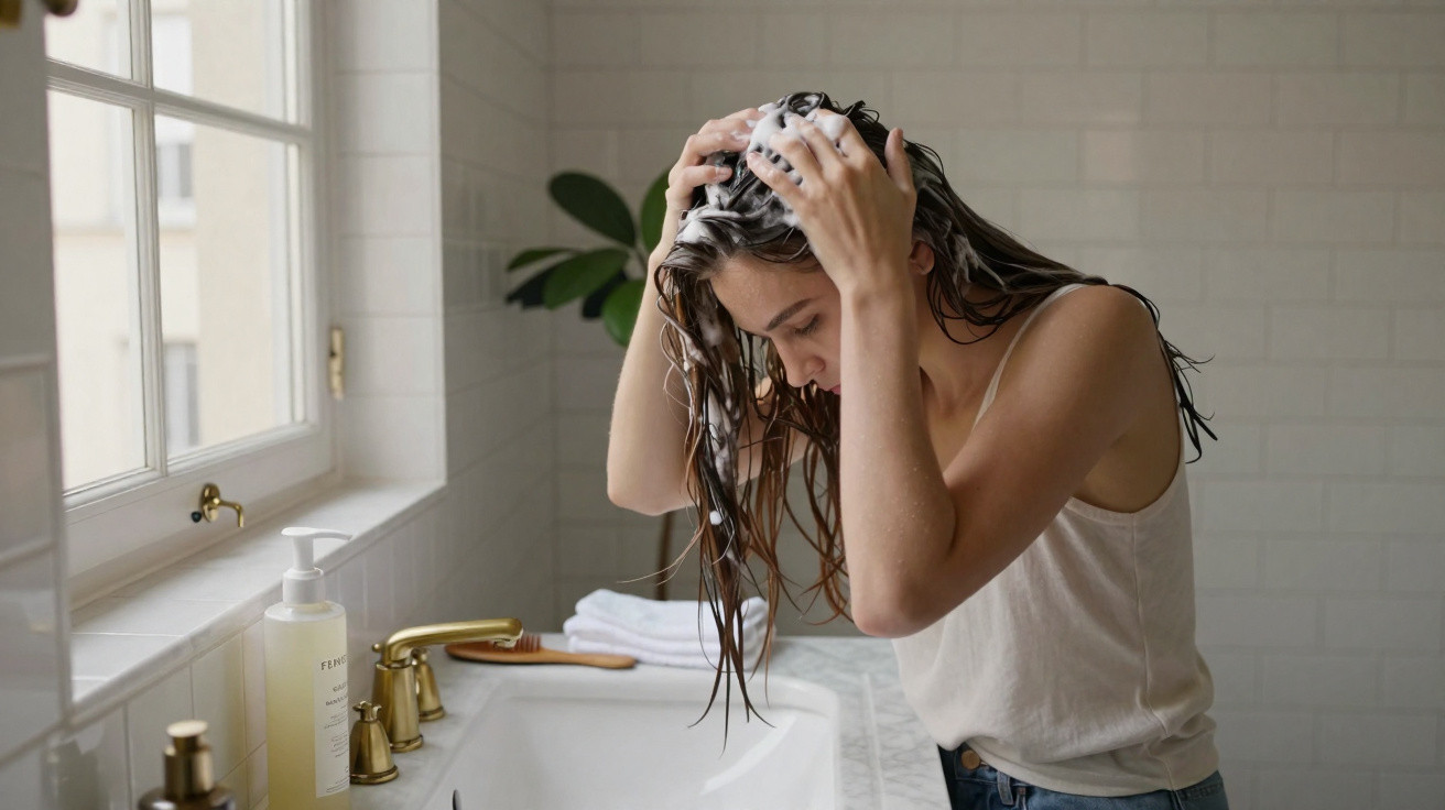 Mulher lavando o cabelo com shampoo em banheiro claro próximo a pia com sabonete líquido.