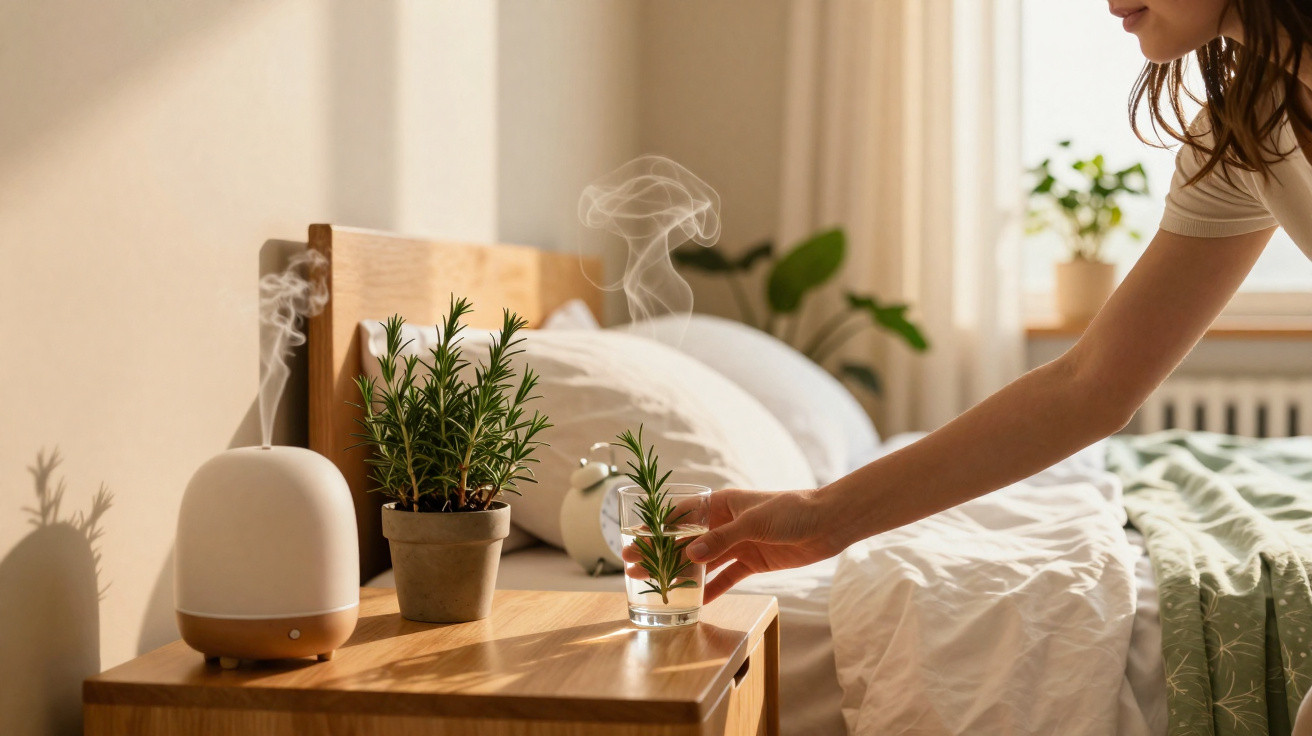 Pessoa colocando ramo de planta em copo de água em um quarto iluminado e arejado com umidificador e vaso de planta.