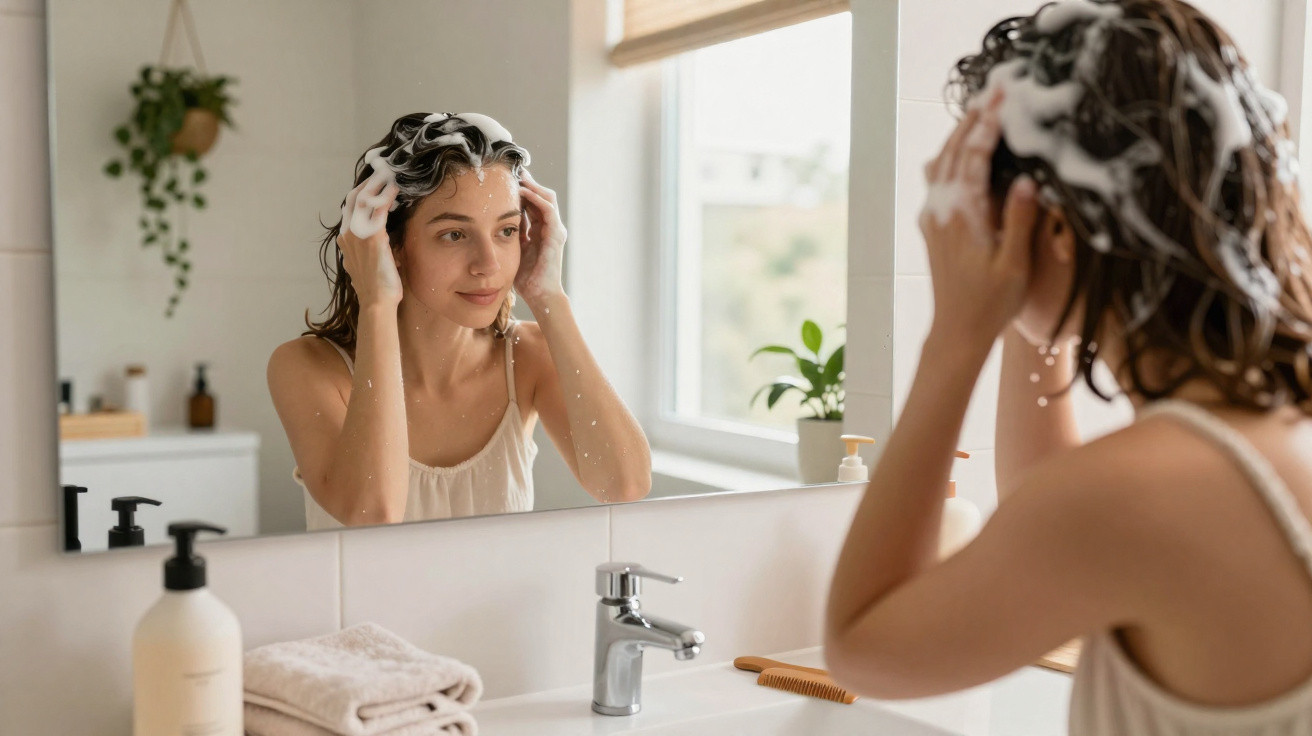 Mulher lavando o cabelo com shampoo e espuma em frente ao espelho no banheiro iluminado.