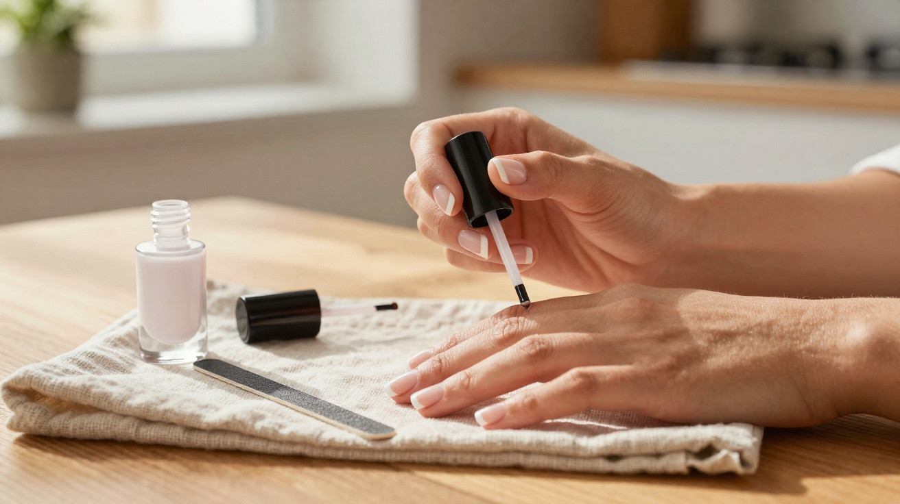Pessoa aplicando esmalte branco nas unhas com lixa ao lado sobre pano em mesa de madeira.
