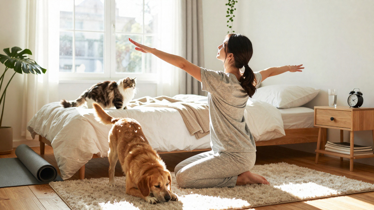 Mulher alongando-se de joelhos em quarto iluminado, com cachorro no tapete e gato na cama.