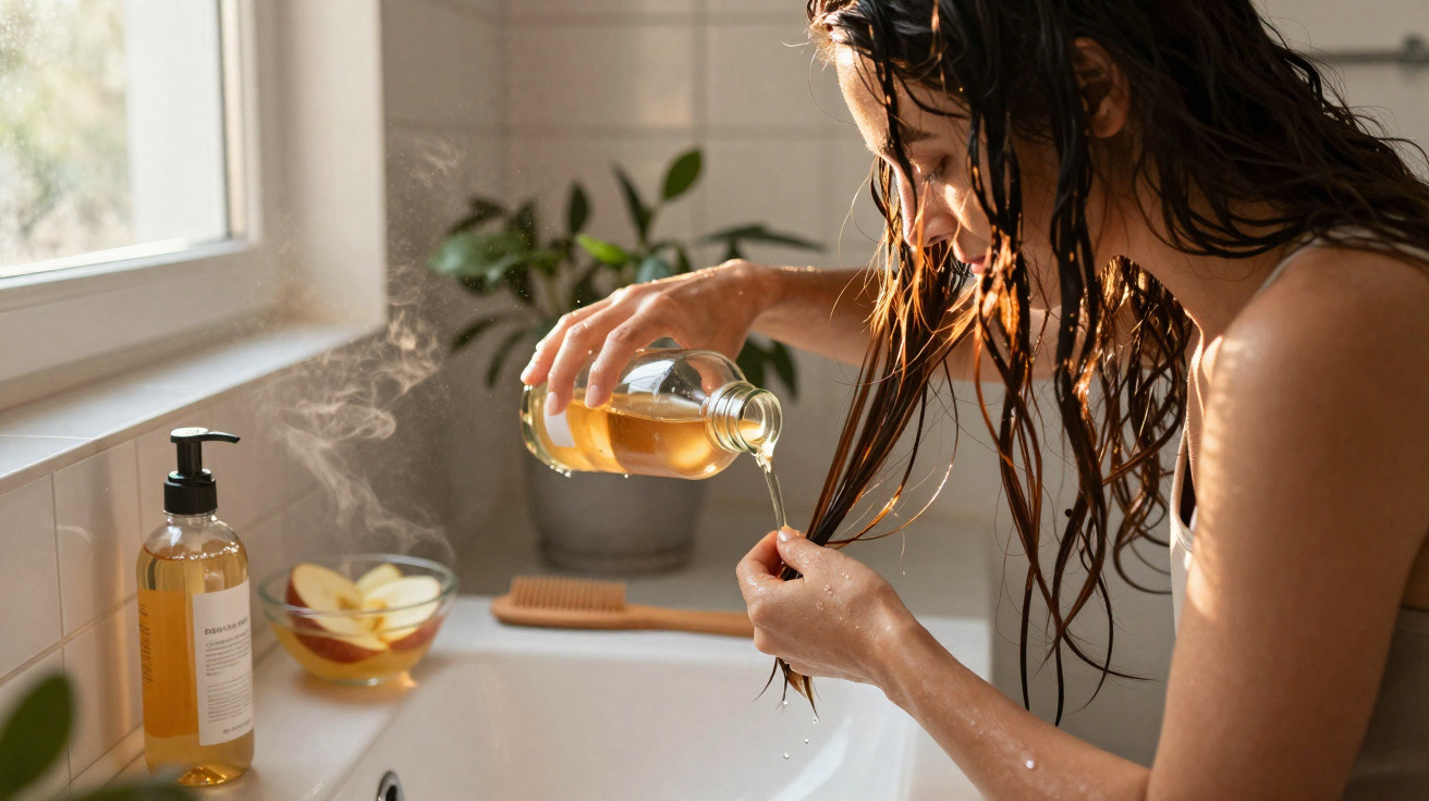 Mulher aplicando óleo no cabelo molhado em banheiro iluminado, com produtos e frutas ao lado da pia.