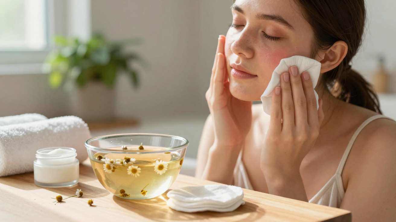 Mulher aplicando cuidado facial com algodão, próximo a toalhas e chá de camomila em ambiente iluminado.