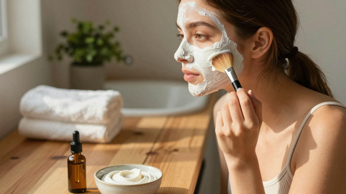 Mulher aplicando máscara facial branca com pincel em ambiente iluminado natural e produtos de skincare na mesa.