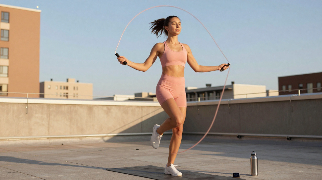Mulher praticando pular corda em roupa esportiva rosa, em área externa com prédios ao fundo.