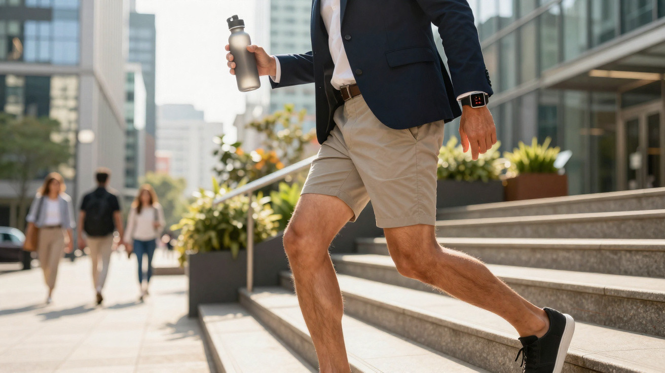 Homem vestido casual com blazer e shorts subindo escadas ao ar livre em ambiente urbano durante o dia.