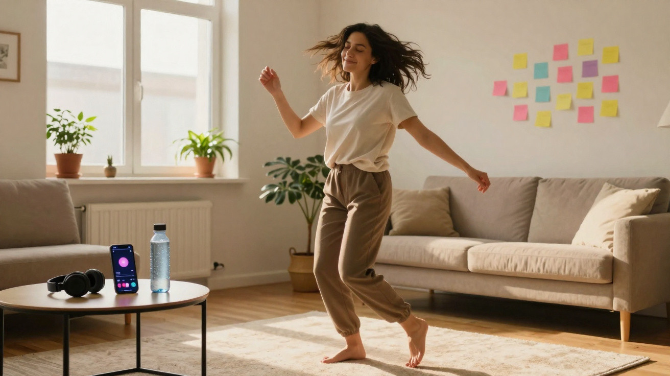 Mulher dança descalça em sala iluminada com sofá, mesa, plantas e post-its coloridos na parede.