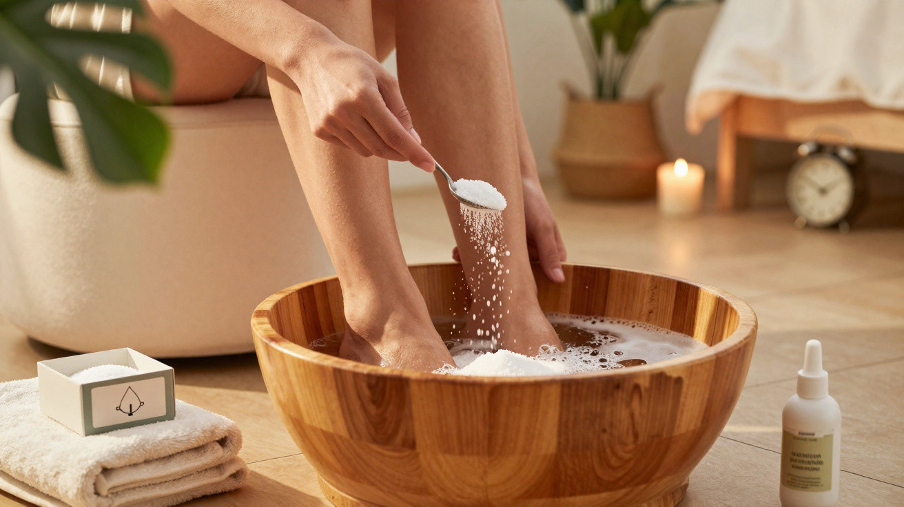 Pés femininos imersos em bacia de madeira com sais, em ambiente de spa com velas e toalhas.
