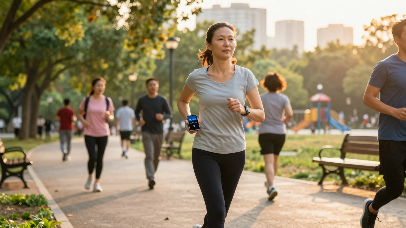 Mulher correndo com fone de ouvido e smartwatch em parque urbano ao pôr do sol, com outras pessoas ao fundo.