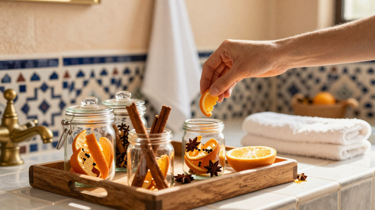 Mão colocando fatia de laranja em potes com especiarias e paus de canela em bandeja de madeira.