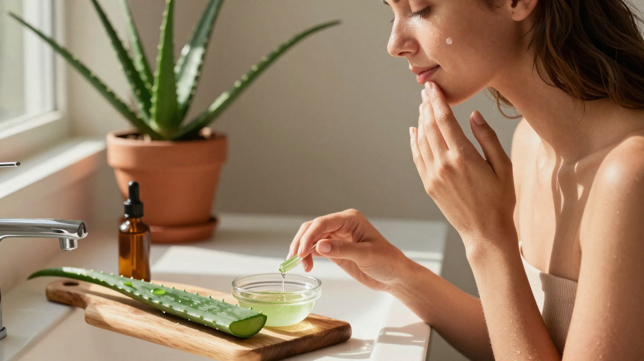 Mulher aplicando gel de aloe vera no rosto em um ambiente iluminado com planta ao fundo.