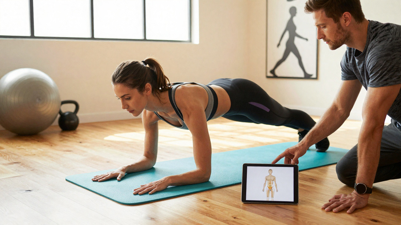 Mulher fazendo prancha em tapete de yoga com orientação de treinador mostrando músculos em tablet.