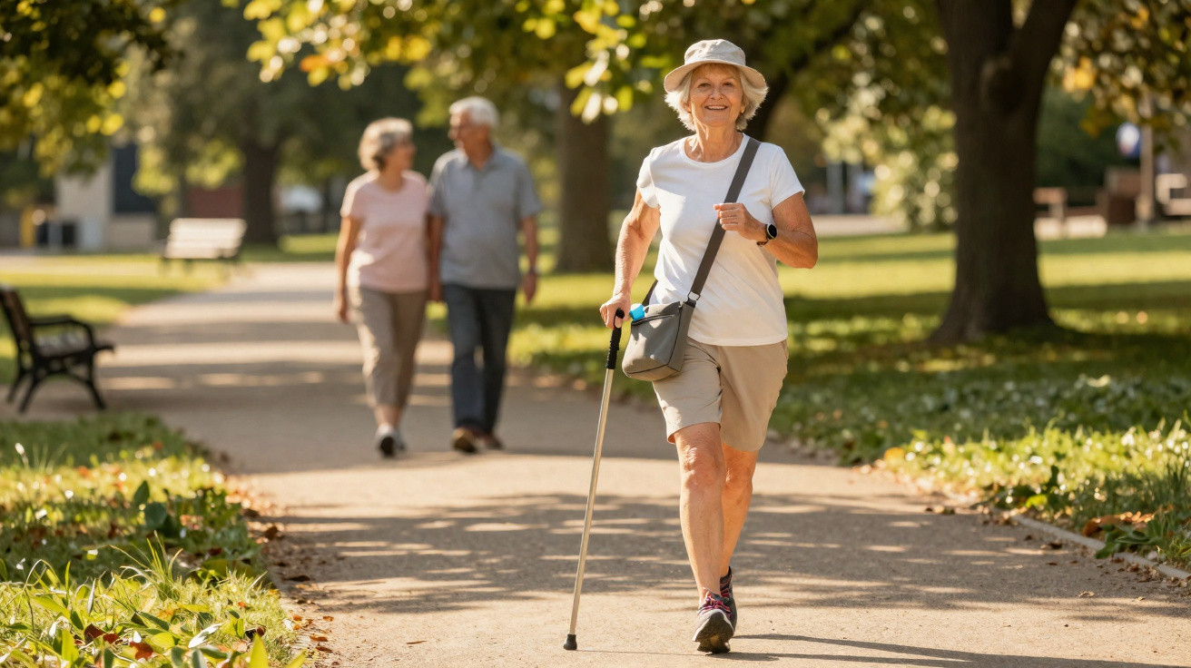 Mulher idosa sorrindo caminhando com bengala em parque ensolarado, casal ao fundo caminhando.