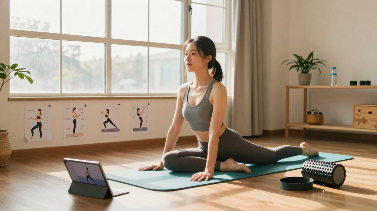 Mulher fazendo alongamento de yoga em tapete, seguindo aula online em ambiente claro e organizado.