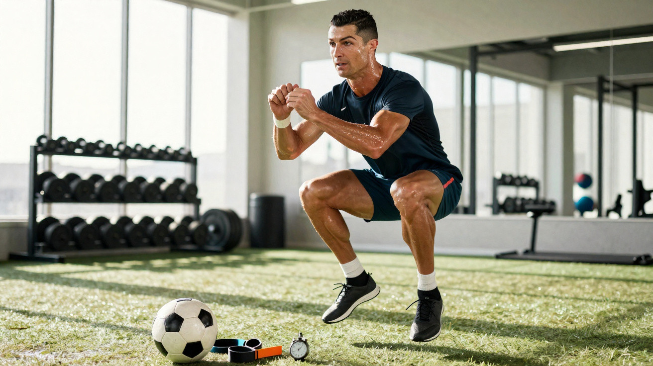 Homem fazendo exercício de salto agachado em campo com bola de futebol, relógio e chips ao lado.