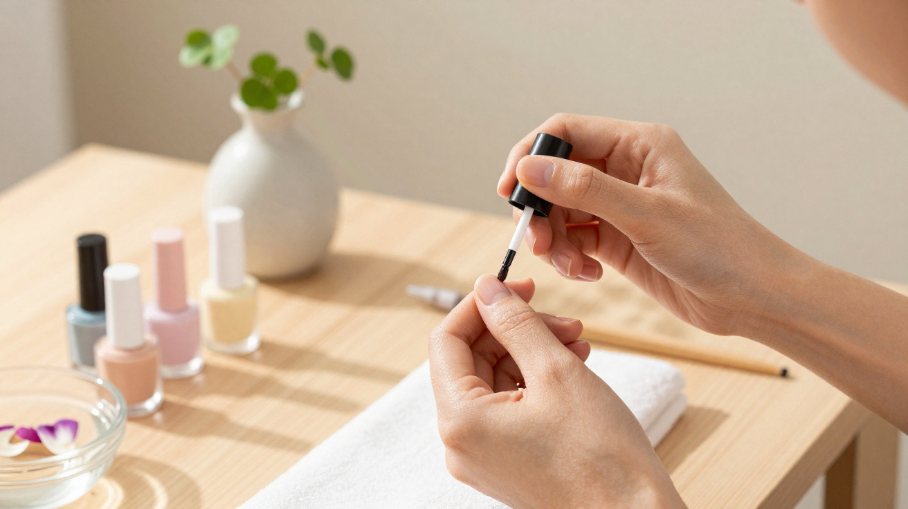 Pessoa aplicando base de esmalte nas unhas com objetos de manicure sobre mesa de madeira clara.