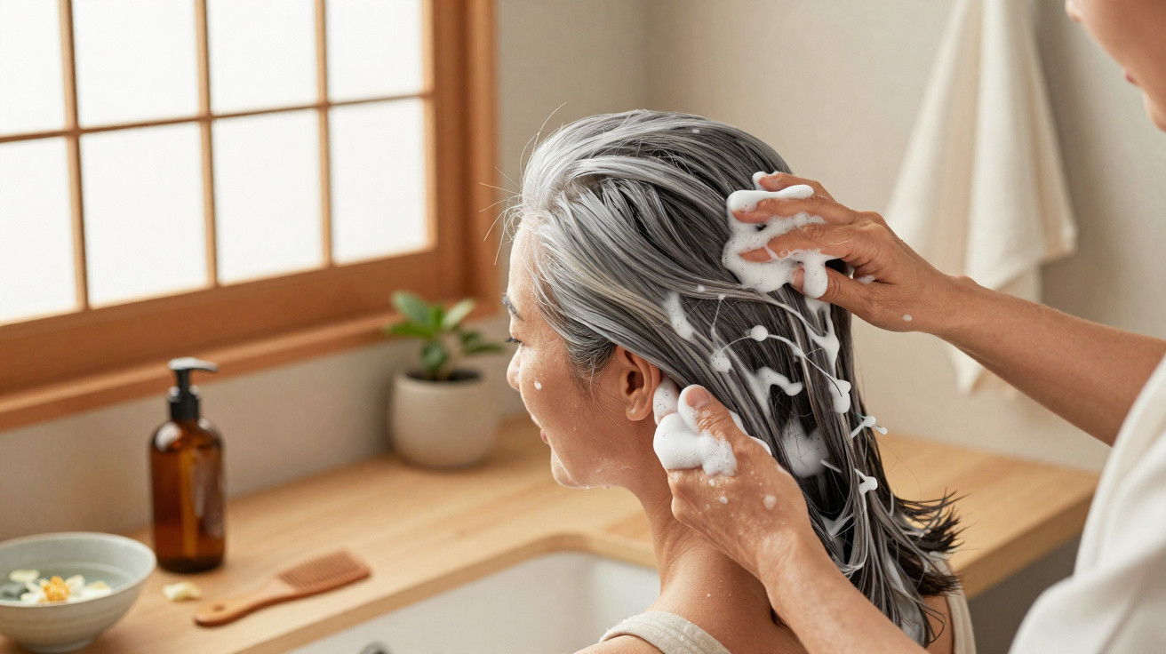 Pessoa lavando o cabelo com espuma em um banheiro iluminado por janela de madeira.