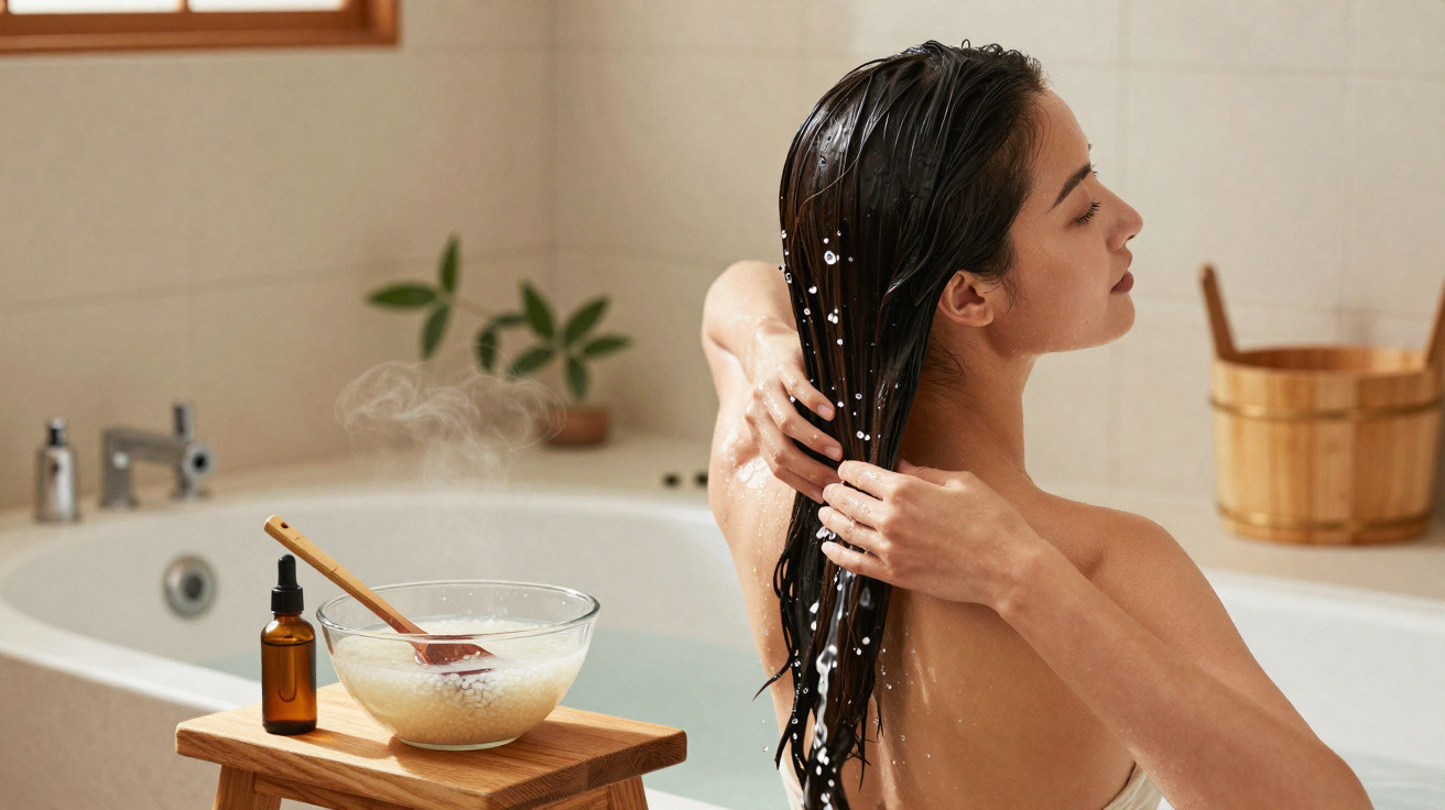 Mulher aplicando tratamento capilar com máscara em banho, ambiente relaxante e produtos naturais ao lado.