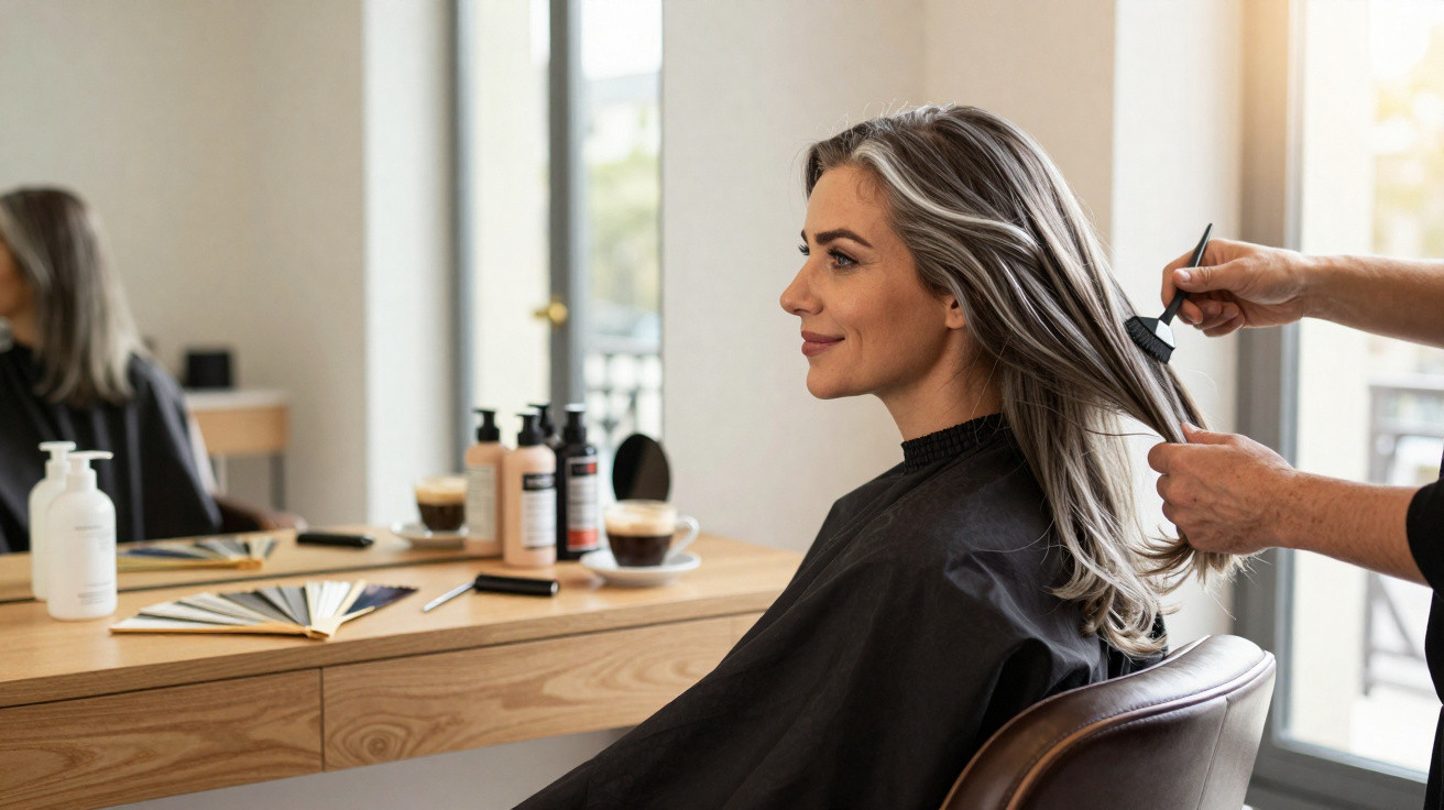 Mulher sorridente recebendo penteado em salão com espelho e produtos de beleza na mesa à frente.
