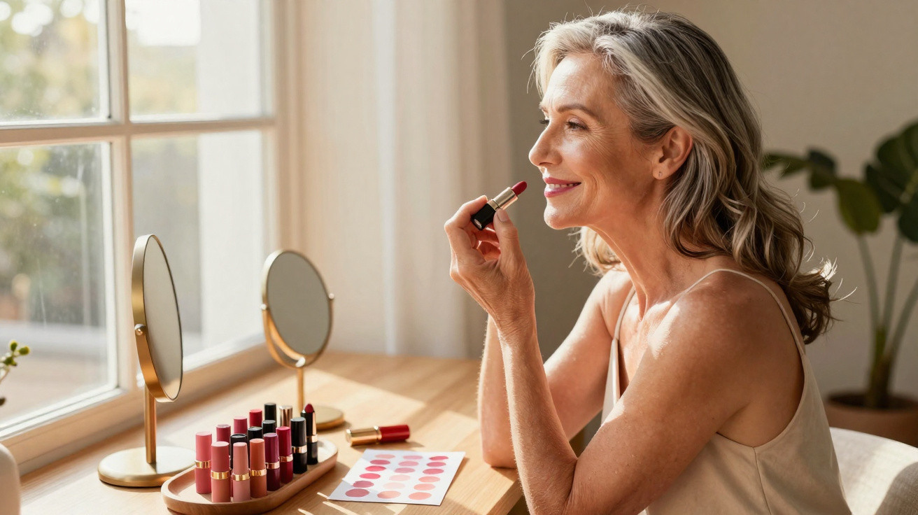 Mulher madura sorrindo enquanto aplica batom vermelha sentada à mesa com espelhos e produtos de maquiagem.