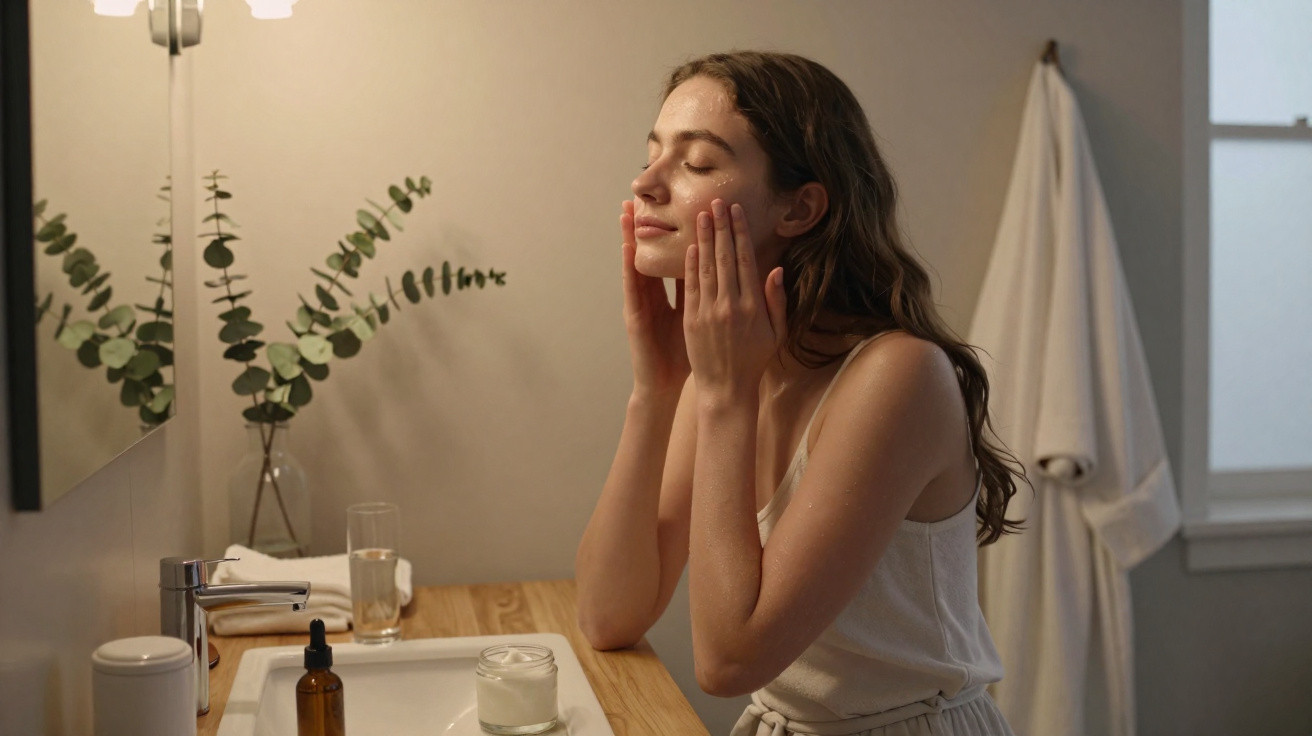 Mulher aplicando creme no rosto em banheiro com vaso de planta e toalha branca ao fundo.
